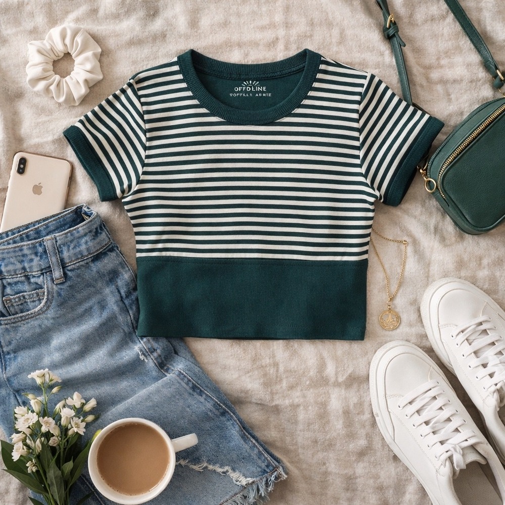 OFFLINE by‎ Aerie Seamless Cropped Tee Clean Girl Pilates Top Green Stripe M